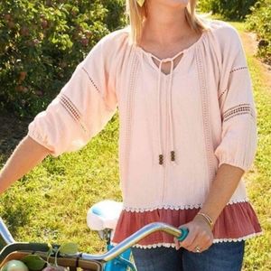 Matilda James Wonderment call me cute peach pink peasant top